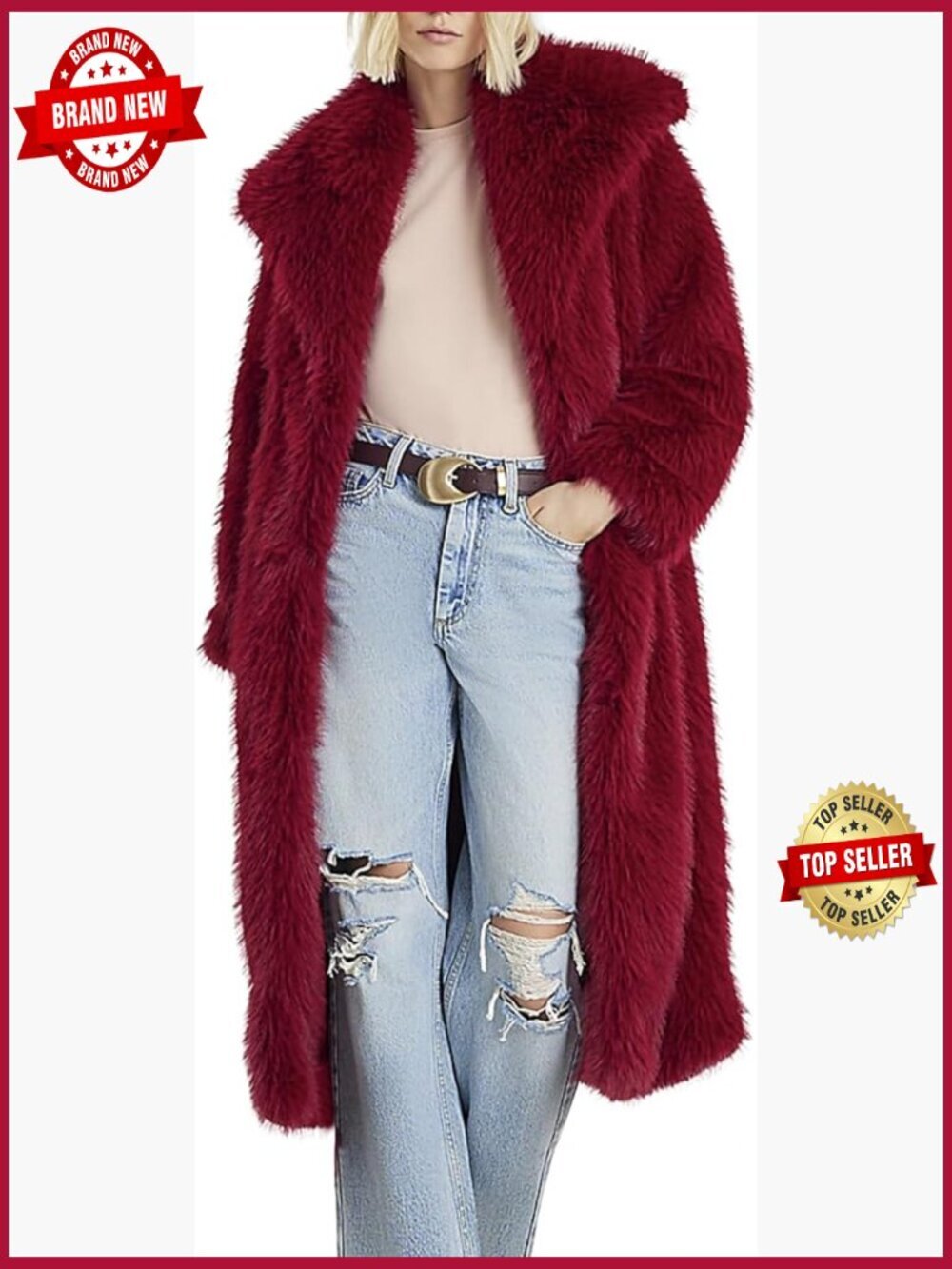 Long Faux Fur Coat – Full Length Lapel Fluffy Winter Overcoat